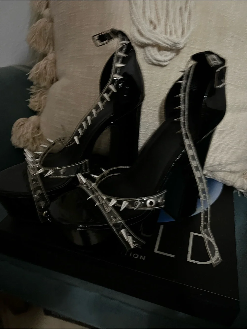 Widow Dolls Kill Black Patent Spike Platform Heels with Silver Studs